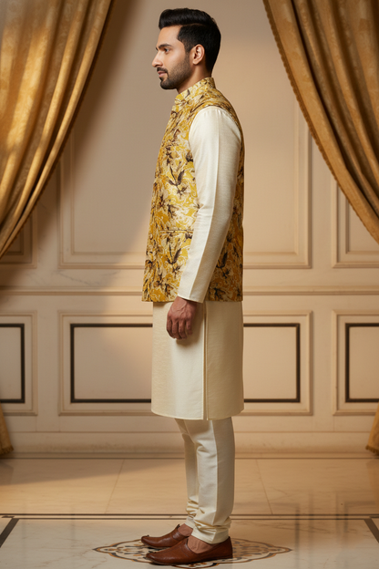 Title: Heritage Refined: The Ochre Floral Nehru Ensemble