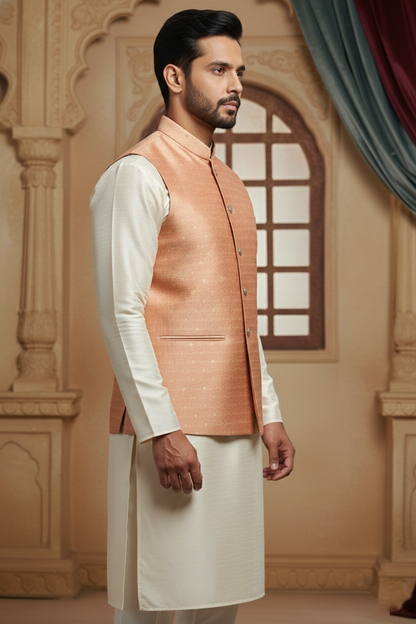Men’s Peach-Gold Textured Silk Nehru Jacket
