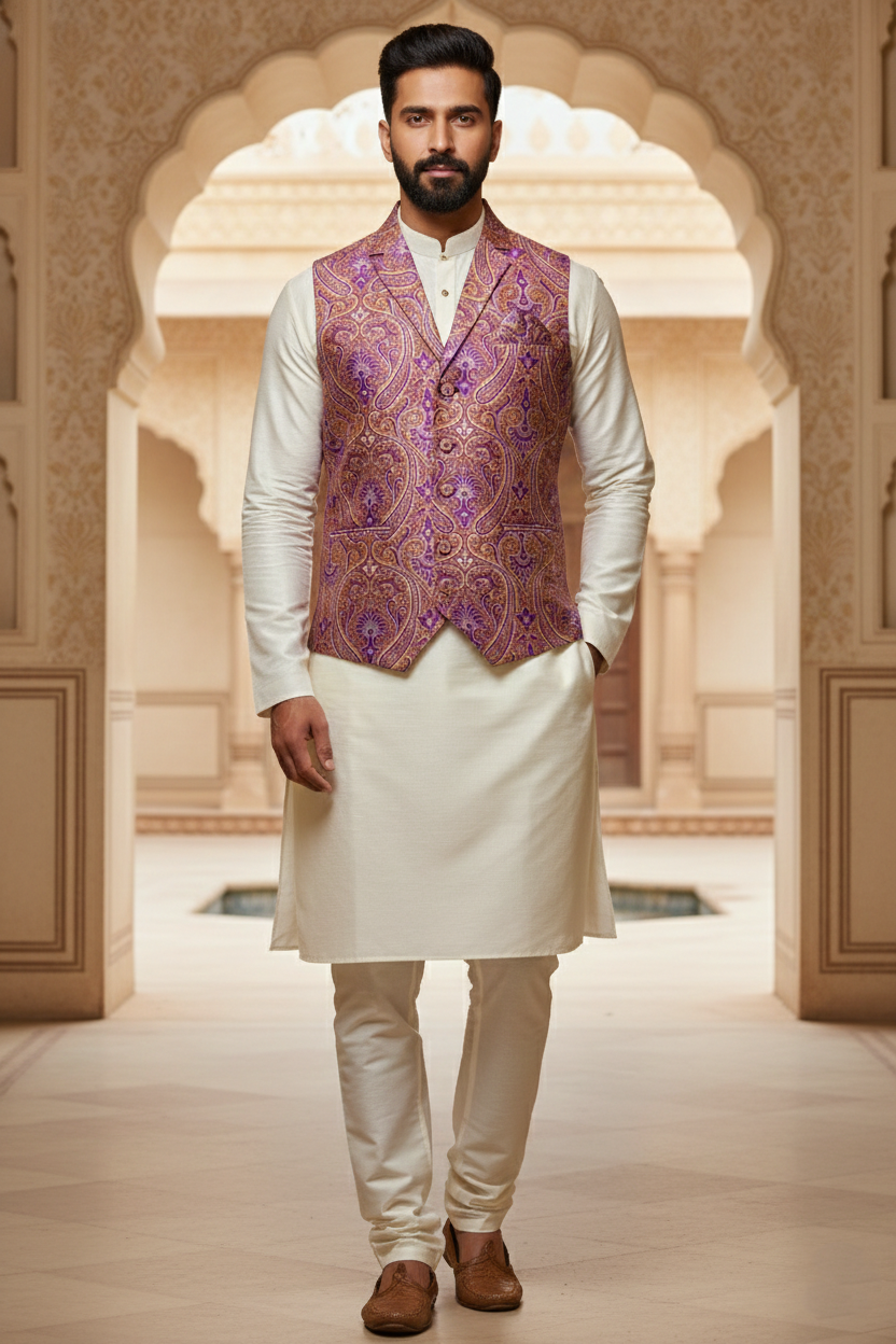 Men’s Purple Brocade Nehru Jacket | Ethnic Wedding Festive Party Wear Mandarin Collar Sleeveless Waistcoat for Kurta & Indo-Western Outfit