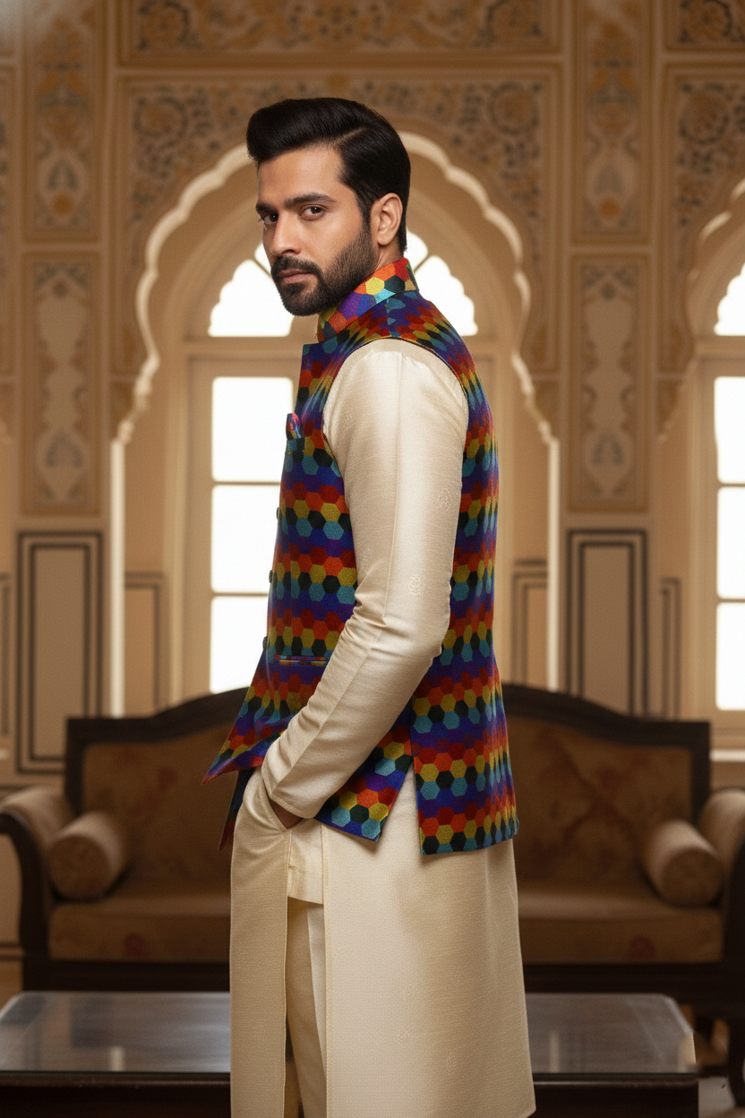 Men’s Multicolor Printed Nehru Jacket with Ivory Kurta