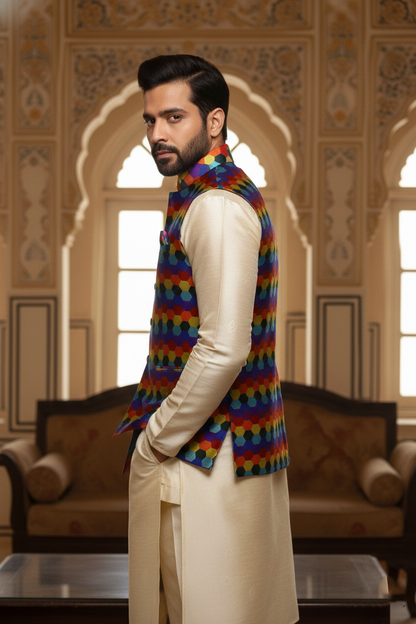 Men’s Multicolor Printed Nehru Jacket with Ivory Kurta