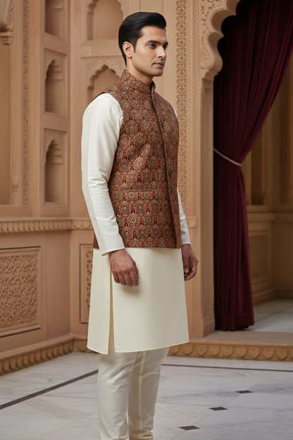 Men’s Rust Printed Nehru Jacket with Ivory Kurta