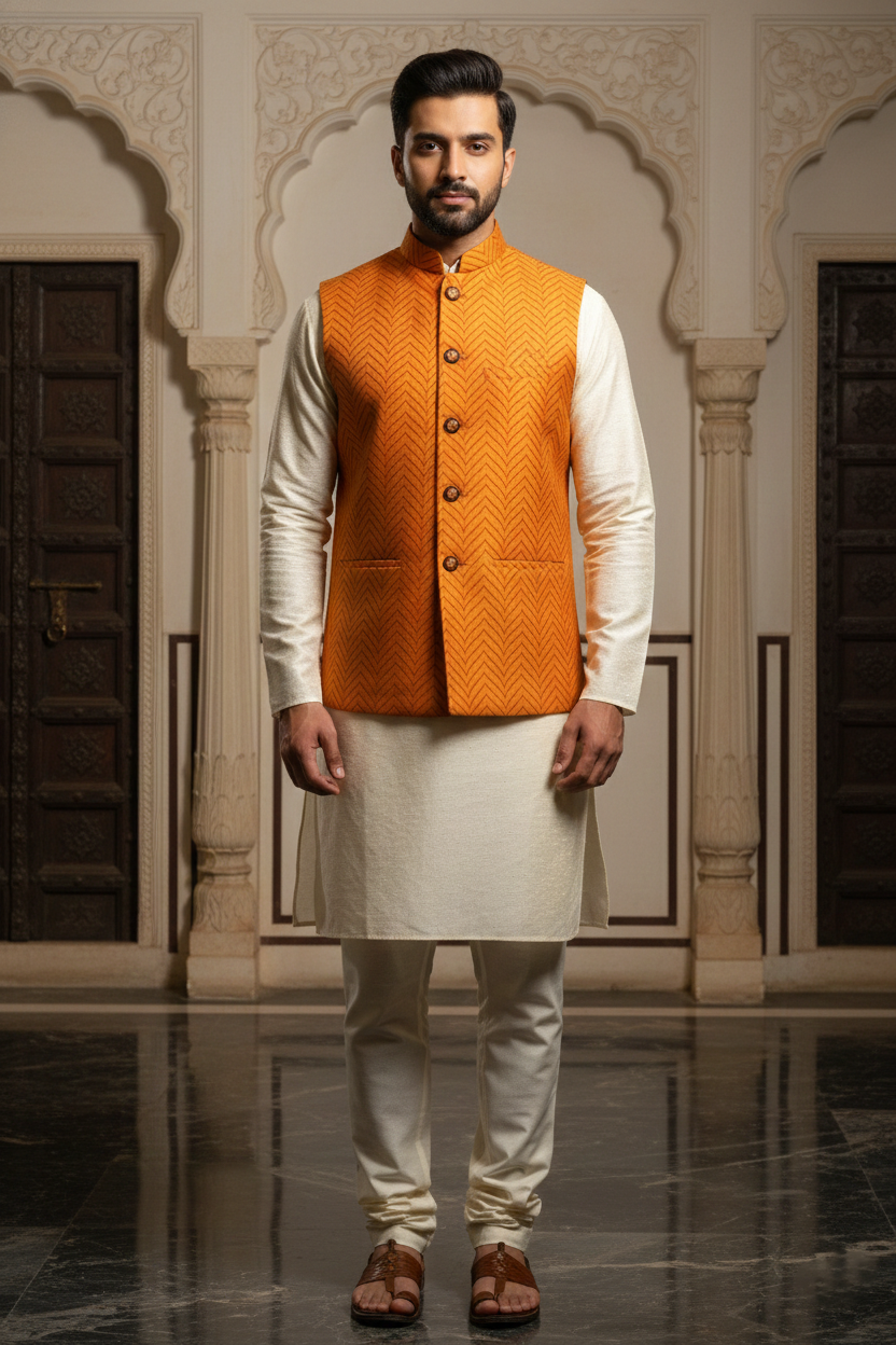 Men’s Orange Textured Nehru Jacket