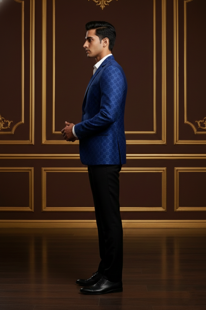 Royal Blue Geometric Jacquard Tuxedo Blazer with Satin Notch Lapels