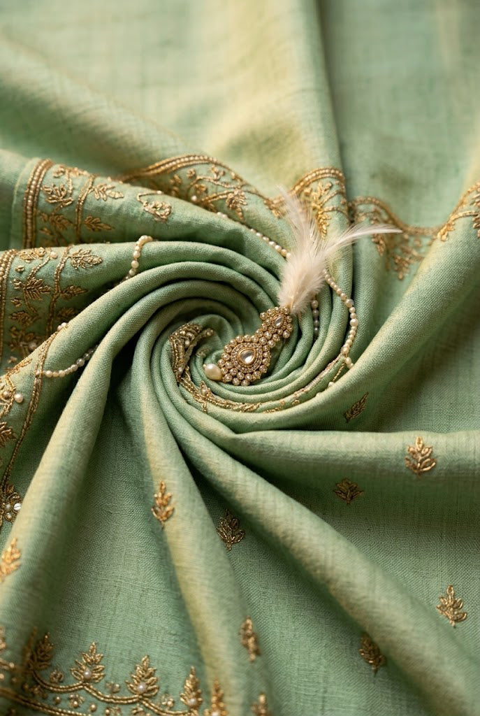 Royal Sage Green Silk Turban with Gold Zari & Pearls