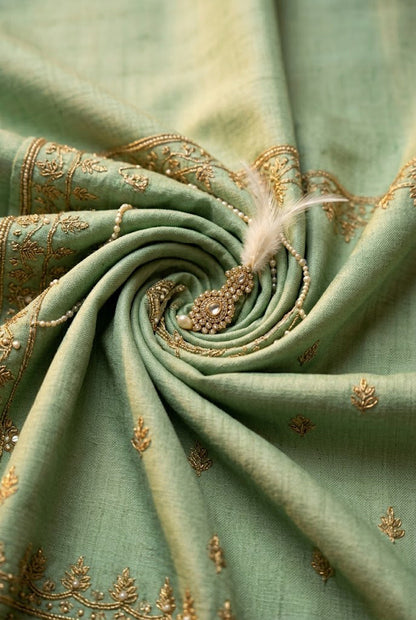 Royal Sage Green Silk Turban with Gold Zari & Pearls