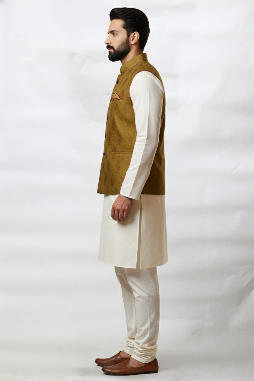 Men’s Olive Green Nehru Jacket with Gold Motif Work | Ethnic Waistcoat