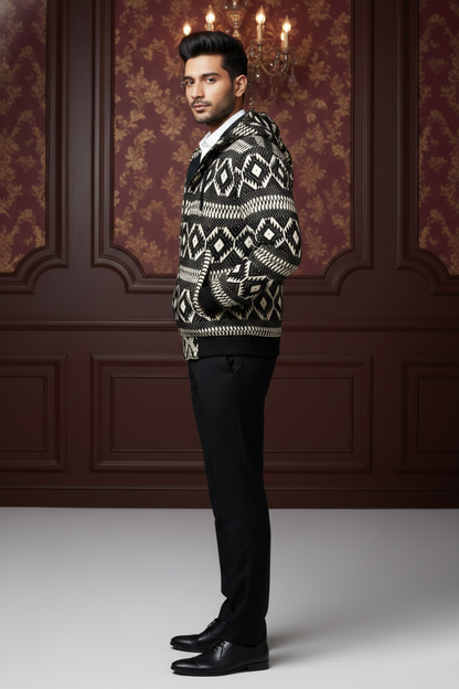 Men's Premium Geometric Knit Hooded Bomber Jacket , Patterned Full-Zip Winter Cardigan with Ribbed Cuffs