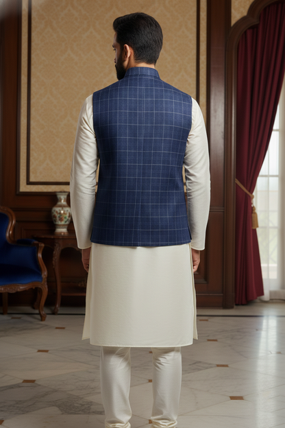 Men’s Blue Nehru Jacket with White Contrast Piping & Pocket Square | Ethnic Waistcoat