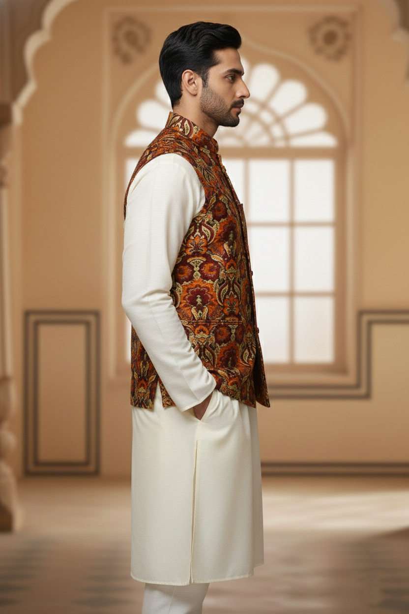 Men’s Rust Printed Nehru Jacket with Ivory Kurta