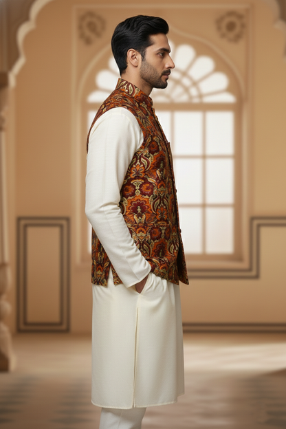 Men’s Rust Printed Nehru Jacket with Ivory Kurta