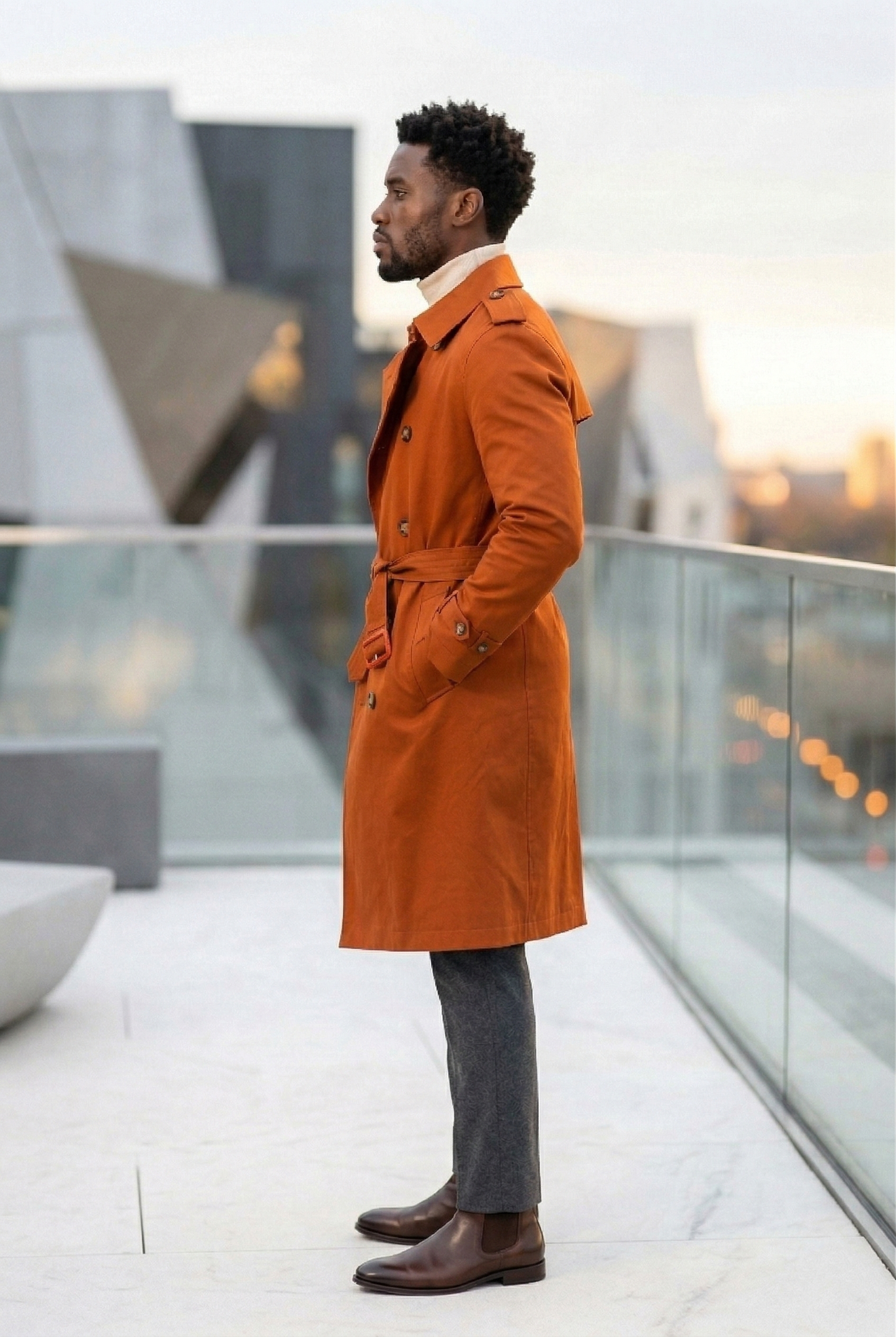 Men'sBurnt Orange Double-Breasted Long Trench Coat