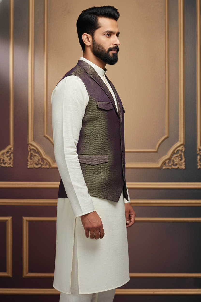 Men’s Olive & Purple Nehru Jacket with Ivory Kurta  Pajama