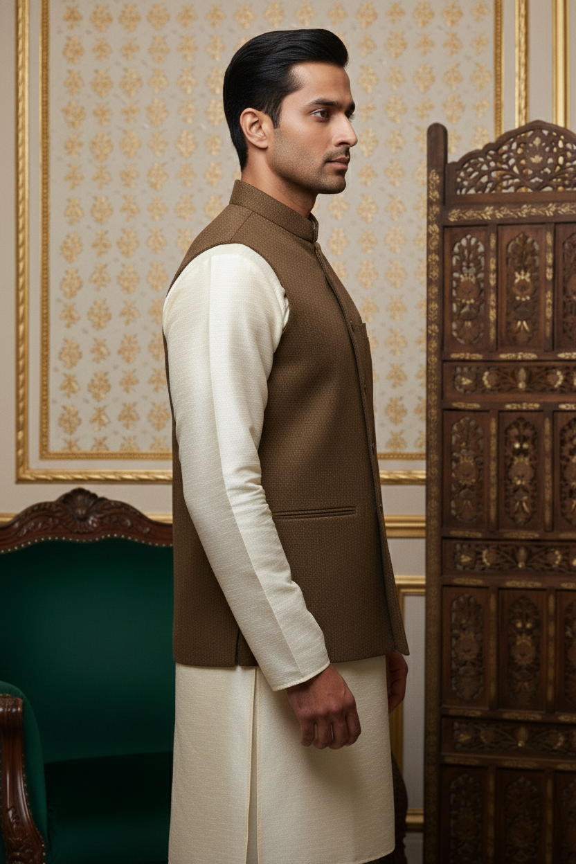 Mocha Brown Textured Nehru Jacket & Cream  Kurta Set