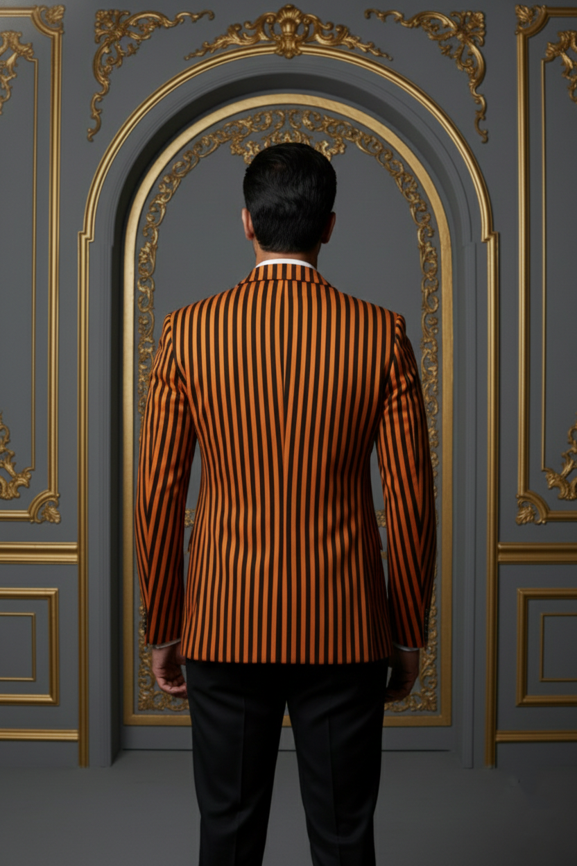 Orange & Black Striped Double-Breasted Blazer