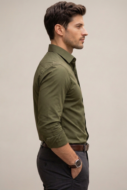 Men'sOlive Green Formal Shirt  | Cotton Blend Business & Casual Shirt for Men