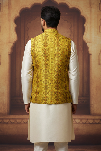 Mustard Floral Brocade Nehru Jacket with Cream Kurta  Set