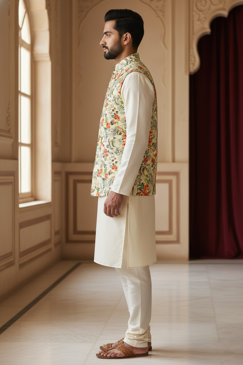 Title: Floral Tapestry: The Ivory and Multi-Chrome Nehru Ensemble