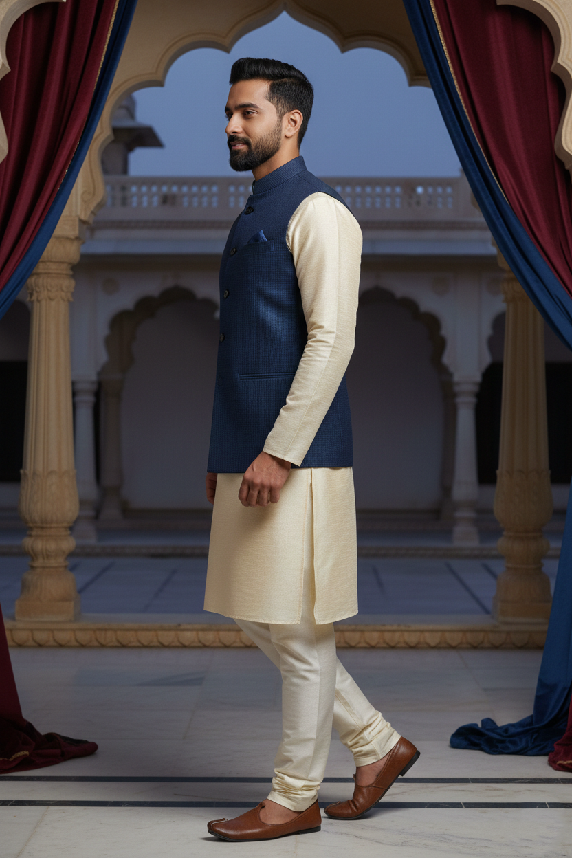 Men's Navy Blue Micro-Check Nehru Jacket – Textured Slim Fit Ethnic Waistcoat for Weddings & Formal Events
