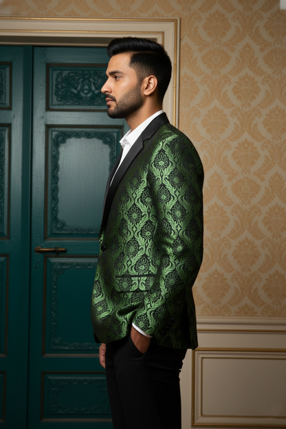 Emerald Sovereign Green Jacquard Blazer , Slim Fit Designer Tuxedo with Satin Peak Lapels