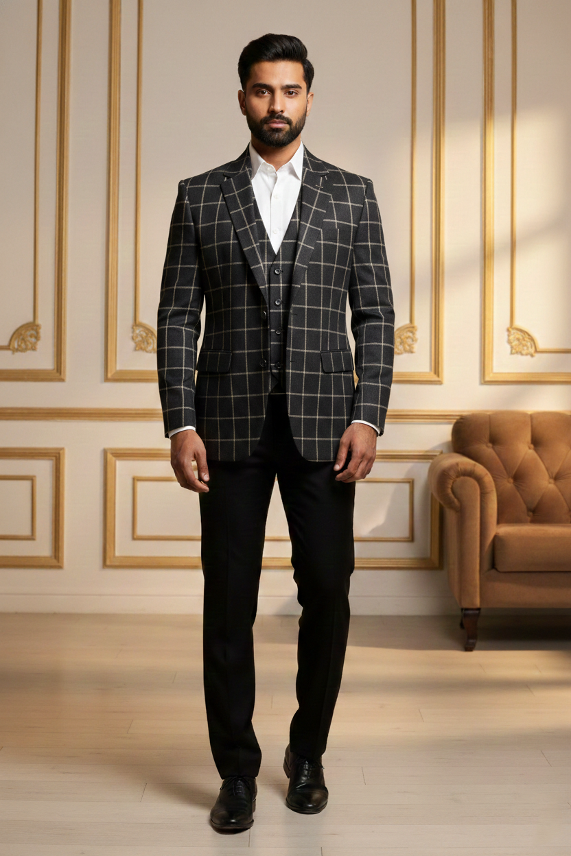 Men's Charcoal Grey Windowpane Check Slim-Fit Blazer