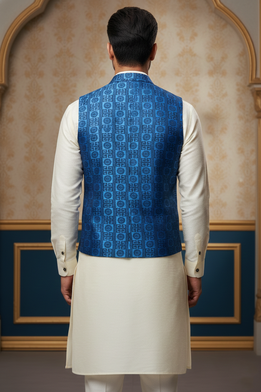 Men’s Royal Blue Designer Printed Waistcoat | Slim Fit Party & Festive Vest