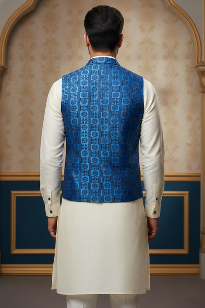 Men’s Royal Blue Designer Printed Waistcoat | Slim Fit Party & Festive Vest