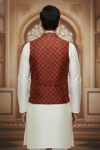 Men’s Red Designer Waistcoat | Sky Blue Line Work Slim Fit Festive Vest