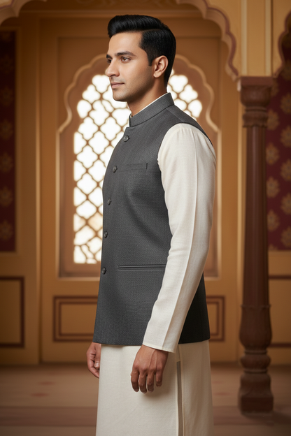 Men’s Light Grey Nehru Jacket | Solid Ethnic Waistcoat with Mandarin Collar