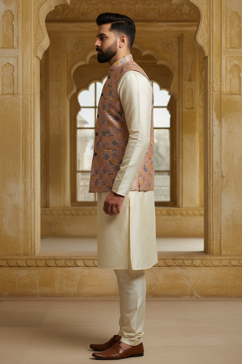 Title: Pastel Harmony: The Rose-Toned Botanical Nehru Ensemble