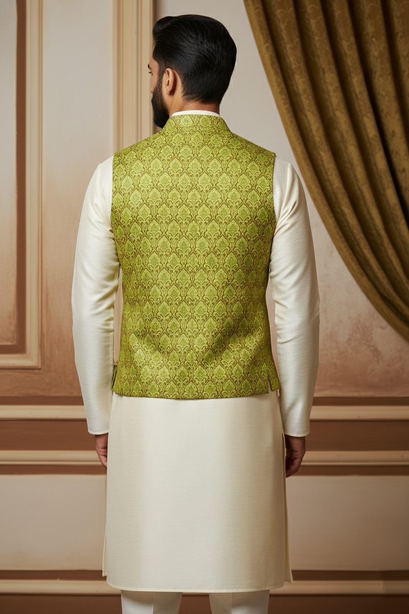 Men’s Parrot Green Brocade Nehru Jacket | Ethnic Wedding Festive Party Wear Mandarin Collar Sleeveless Waistcoat for Kurta & Indo-Western Outfit