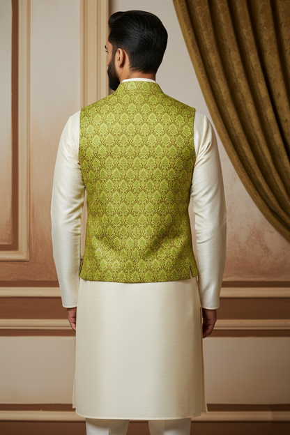 Men’s Parrot Green Brocade Nehru Jacket | Ethnic Wedding Festive Party Wear Mandarin Collar Sleeveless Waistcoat for Kurta & Indo-Western Outfit