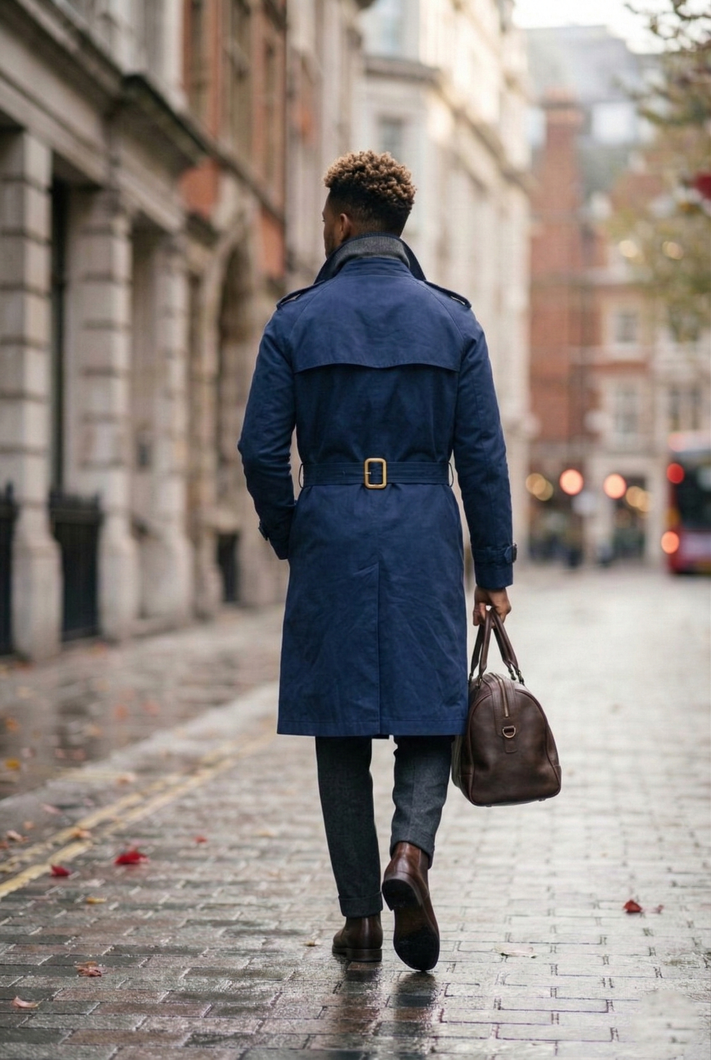 Men's Navy Double-Breasted Long Trench Coat
