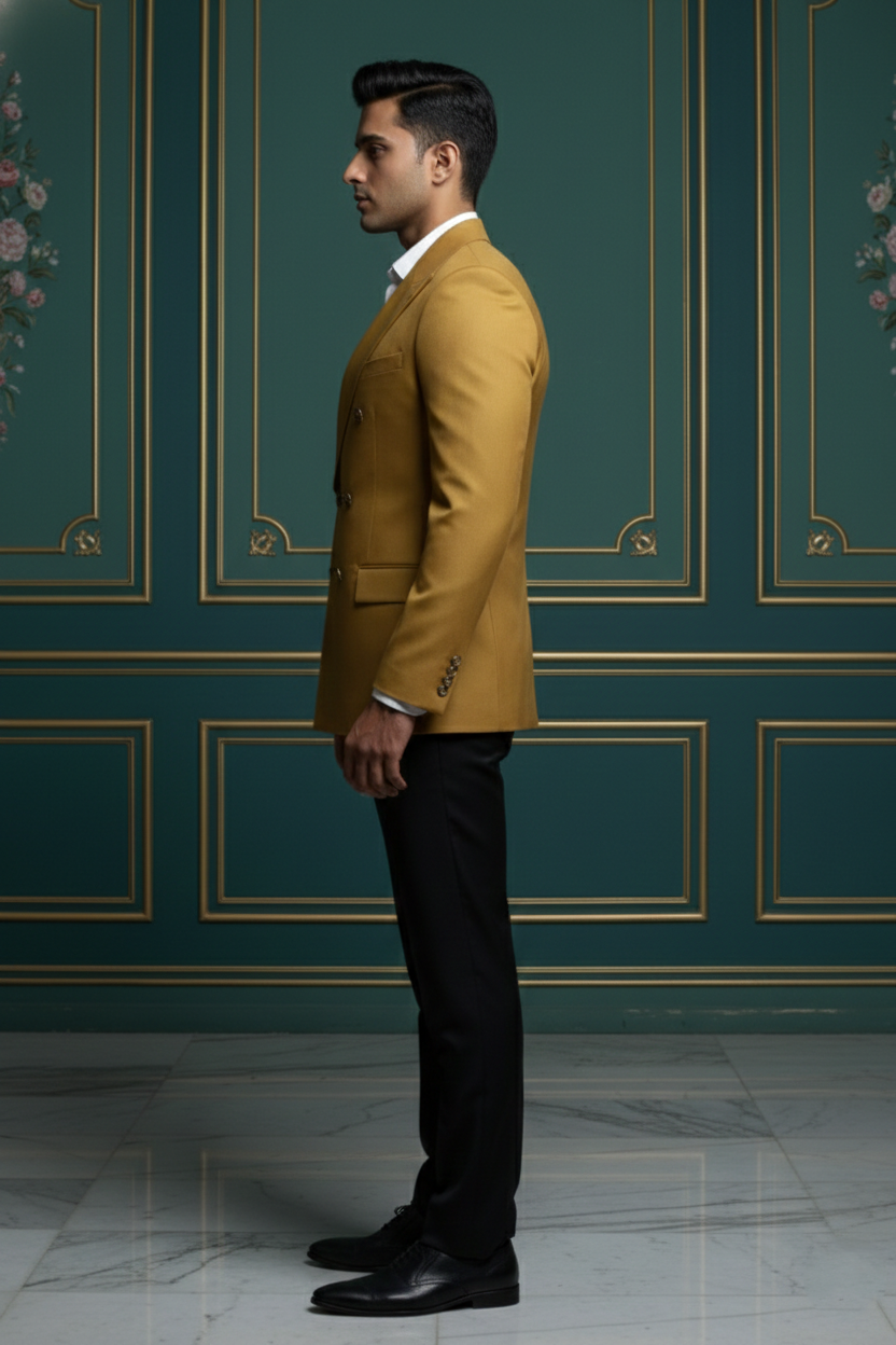 Men'sPremium Mustard Yellow Double-Breasted Blazer , Luxury Slim-Fit Formal Peak Lapel Jacket