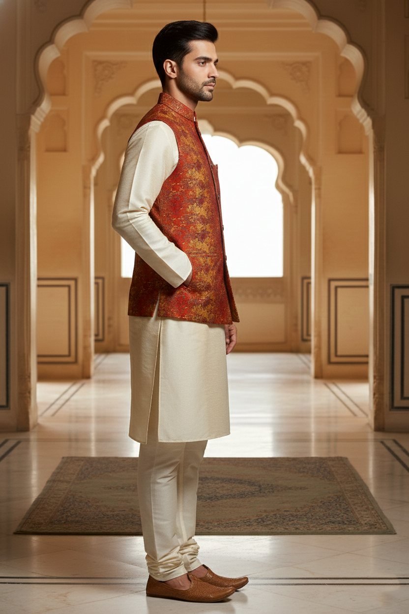 Men’s Red Printed Nehru Jacket Kurta Pajama