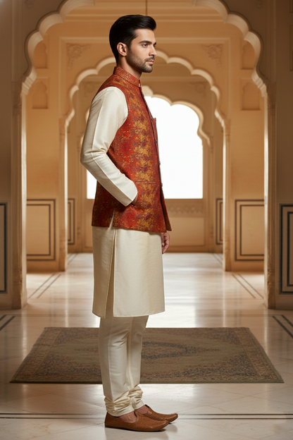 Men’s Red Printed Nehru Jacket Kurta Pajama