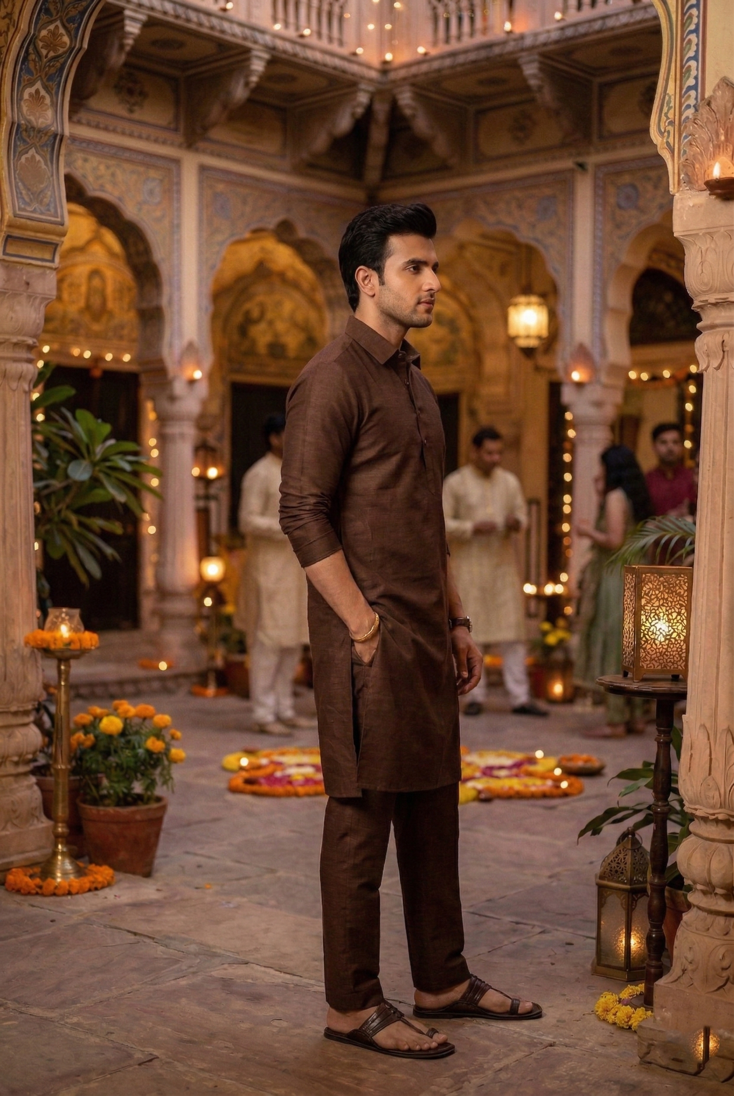 Men's Chocolate Brown Silk-Blend Plain Kurta Pajama Set