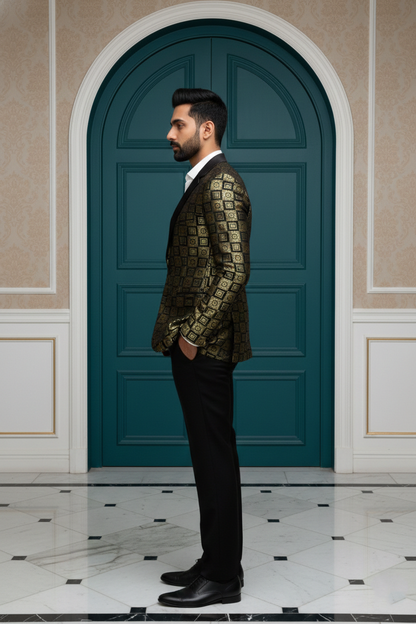 Men's Designer Gold and Black Geometric Brocade Blazer , Luxury Slim-Fit Party Wear Dinner Jacket with Satin Peak Lapel