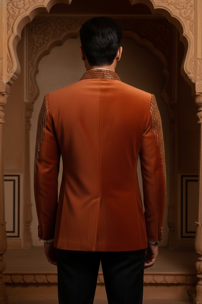 Rust Velvet Imperial Blazer with Beaded Mandarin Collar and Fringed Shoulder Accents