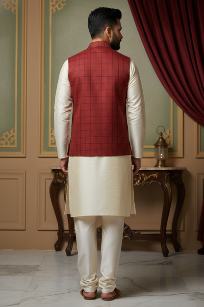 Red Checkered Nehru Jacket with Cream Kurta Set