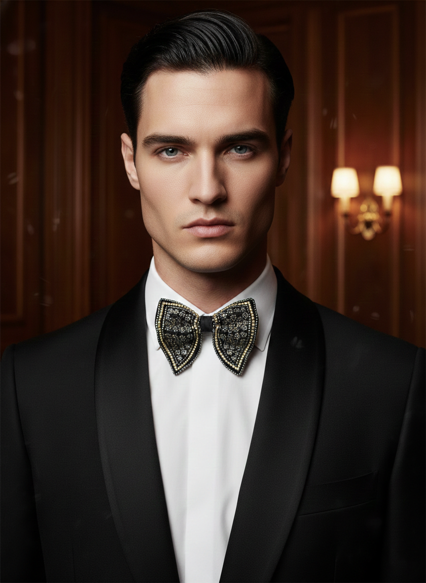 Silver-Mist: Hand-Embroidered Butterfly Bow Tie