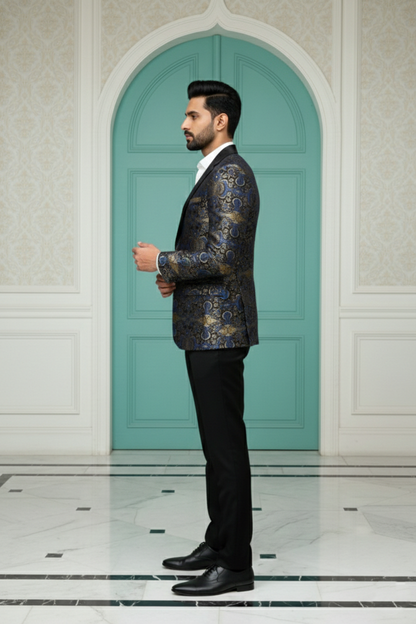 Midnight Blue & Gold Royal Paisley Jacquard Tuxedo Blazer