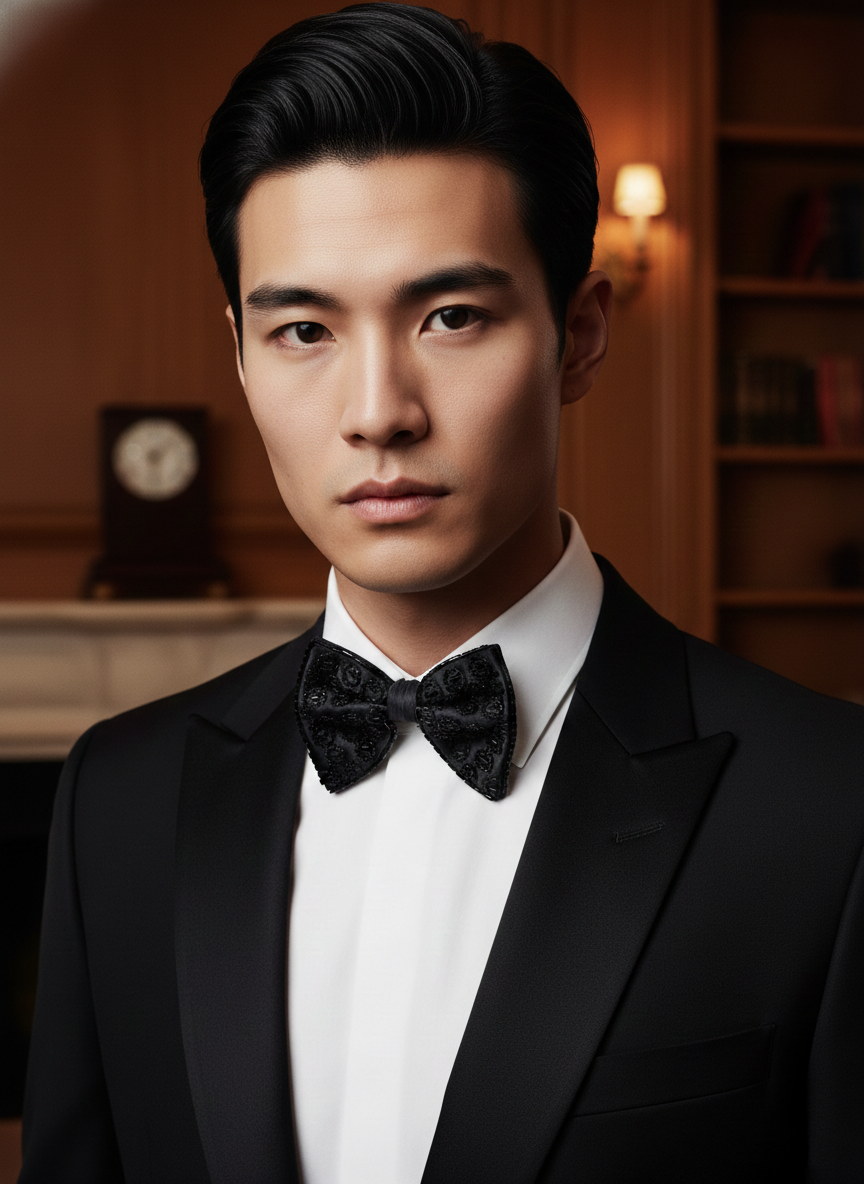 Black Beaded Patterned Butterfly Bow Tie