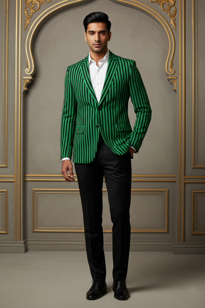 Green & Black Striped Two-Button  Blazer