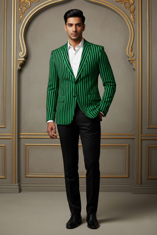 Green & Black Striped Two-Button  Blazer