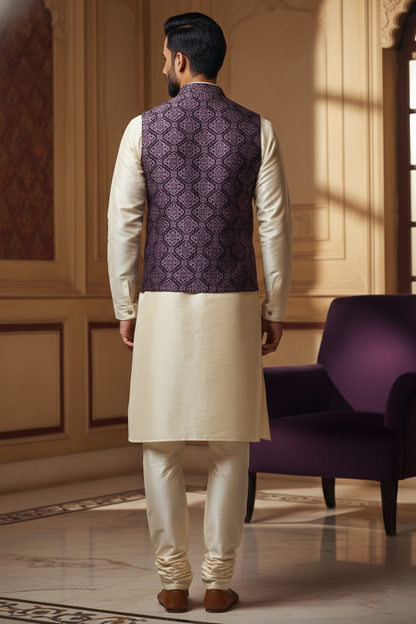 Men’s Purple Jacquard Silk Waistcoat with Notch Lapel | Slim Fit Festive Vest