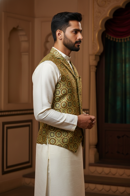 Men's Premium Geometric Print Nehru Jacket – Slim Fit V-Neck Waistcoat for Ethnic & Casual Wear