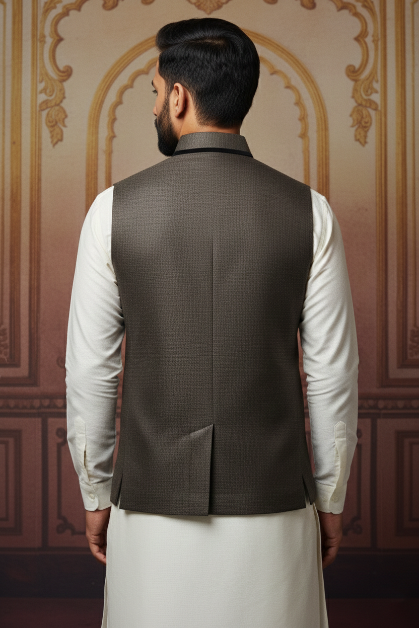 Dark Brown Waistcoat with Cream Kurta Set