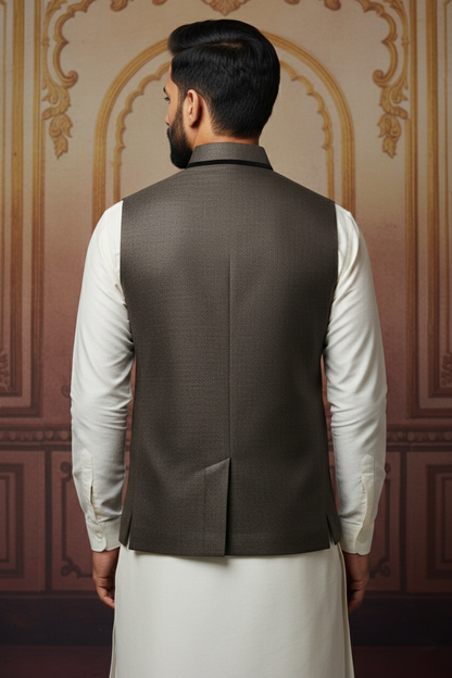 Dark Brown Waistcoat with Cream Kurta Set