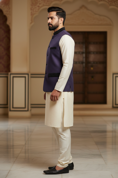 Men's Royal Purple Textured Nehru Jacket – Luxury Velvet Trim Ethnic Waistcoat for Weddings & Parties